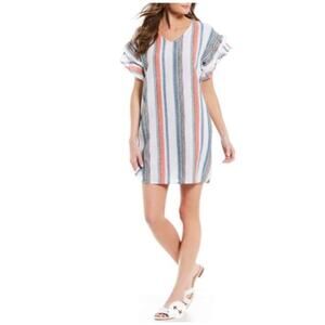 Chelsea & Theodore Summer Ruffle Short Sleeve V-Neck Striped Linen Shift Dress S